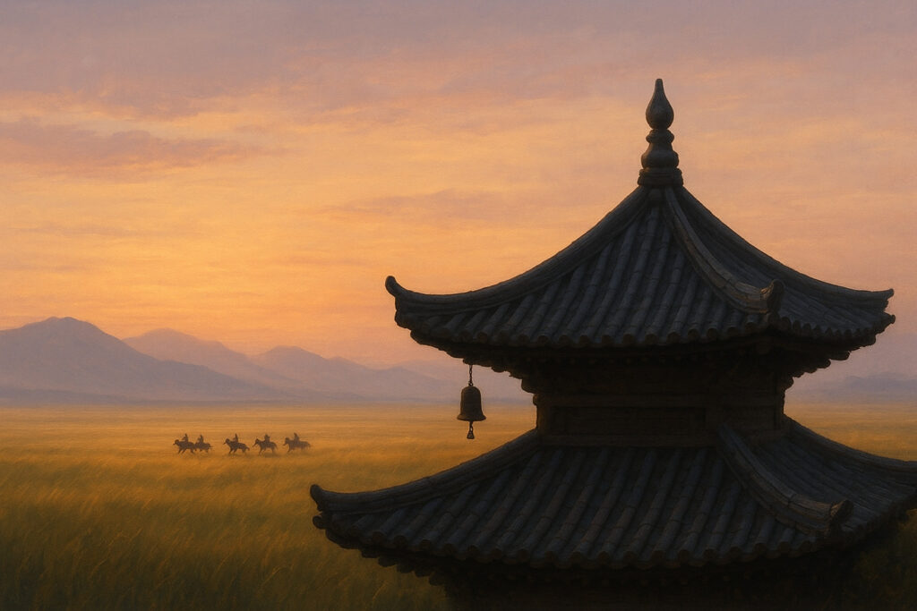 私にとって従容録とは、禅の源流をたどるための書物である。モンゴル帝国時代、夕暮れの禅寺の遠くに馬が走っているイメージ。