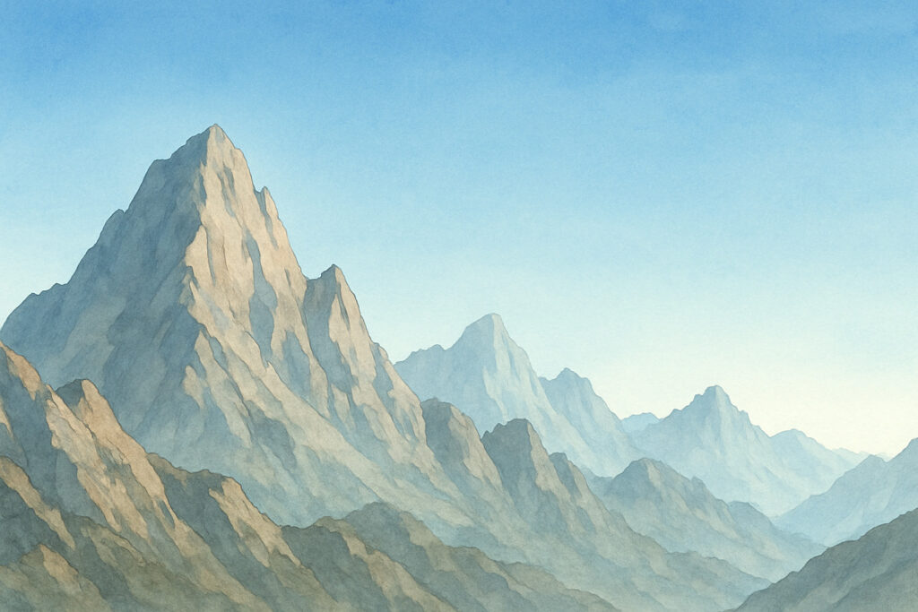 達磨は武帝のもとを去った。出世間の境地を青空の清々しさと険しい山々でイメージ。