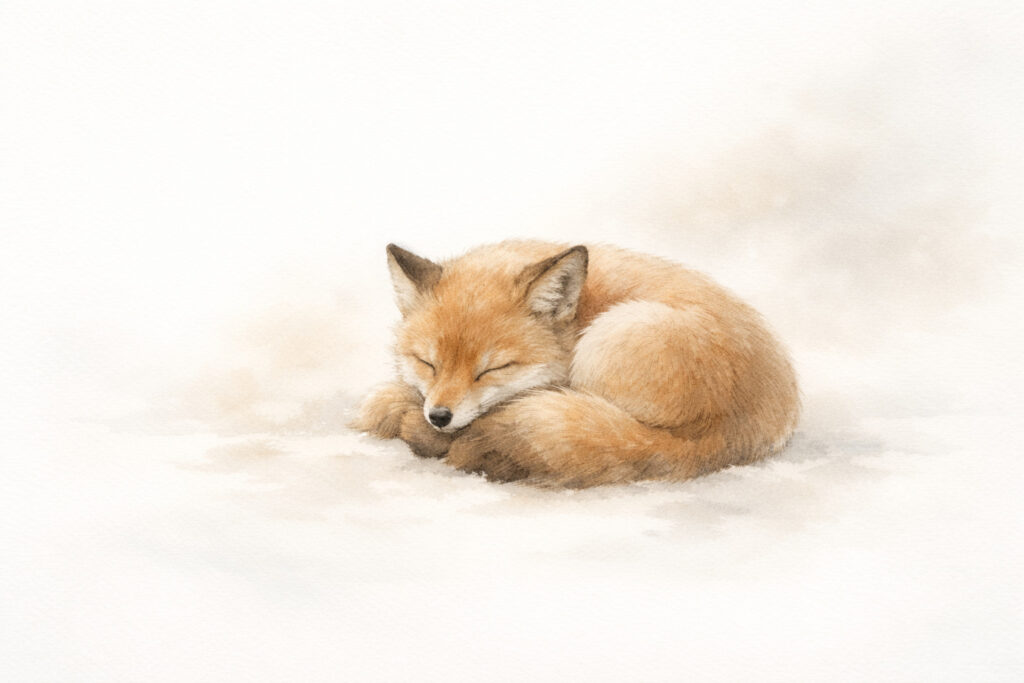 野狐が眠っている様子。百丈の因果に落ちるとか落ちないという判断ではなく、因果を認めその中で生きつつ、真正面から向き合う（不昧因果）ことが肝心なのだということをイメージ。