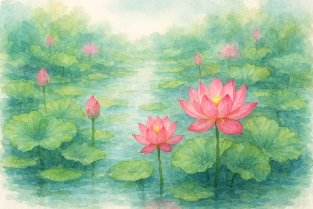 大悲心陀羅尼（Daihishin-Darani）の響きを象徴するピンクの蓮。読経の響きと現代語解説を視覚化したイメージ。s2rz.comによる独立的個人探究の記録。