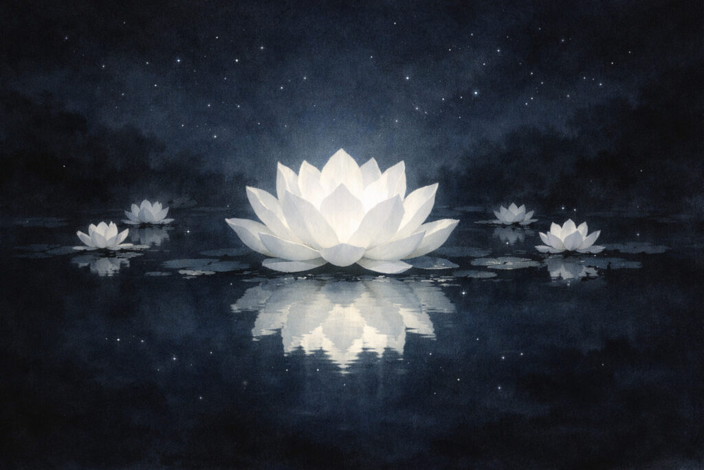 略布薩（りゃくふさつ）を象徴する大輪の白蓮。声明の響きを視覚化した解説イメージ。