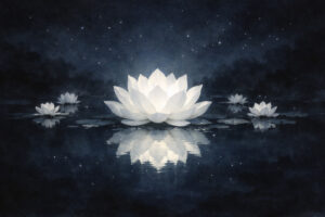 略布薩（りゃくふさつ）を象徴する大輪の白蓮。声明の響きを視覚化した解説イメージ。