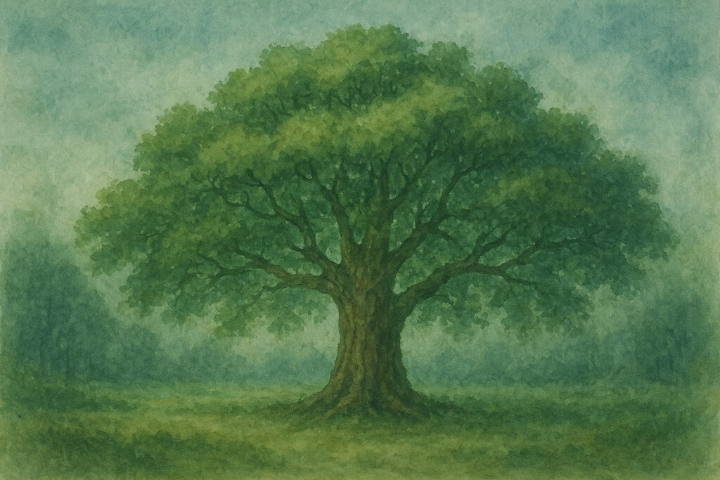 懺悔文（sange-mon）を象徴する巨大な菩提樹。読経の響きと現代語解説を視覚化したイメージ。s2rz.comによる独立的個人探究の記録。