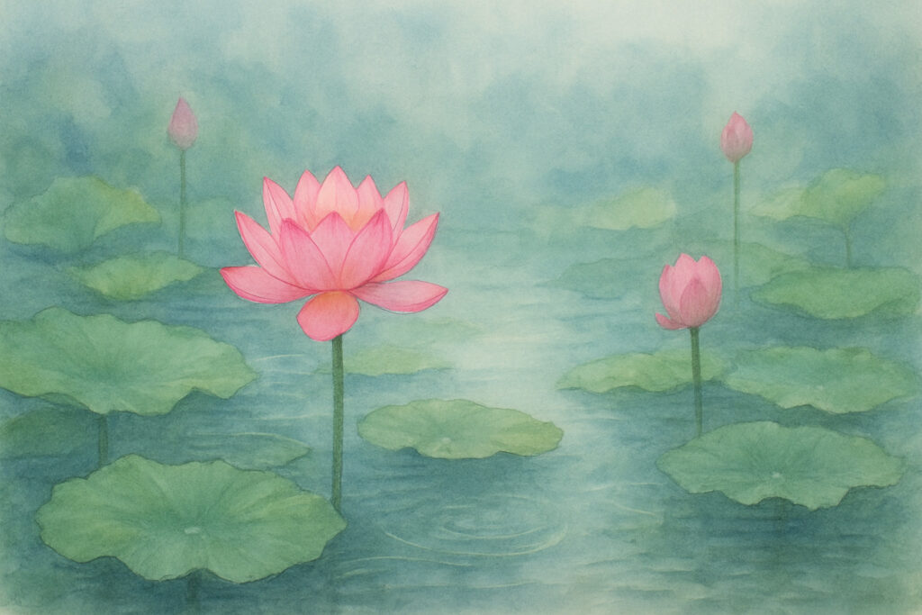 散華の偈（Sange-no-ge）の教理を象徴するピンクの蓮の花びら。読経の響きと現代語解説を視覚化したイメージ。s2rz.comによる独立的個人探究の記録。