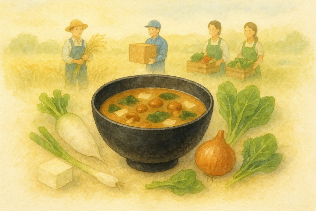 三宝結願偈（さんぼうけちがんげ）を象徴する一椀の味噌汁。声明の響きと現代語訳を視覚化した解説イメージ。