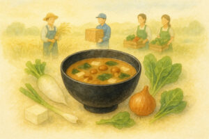 世界如虚空の偈（せかいにょこくう）を象徴する一椀の味噌汁。声明の響きと現代語訳を視覚化した解説イメージ。