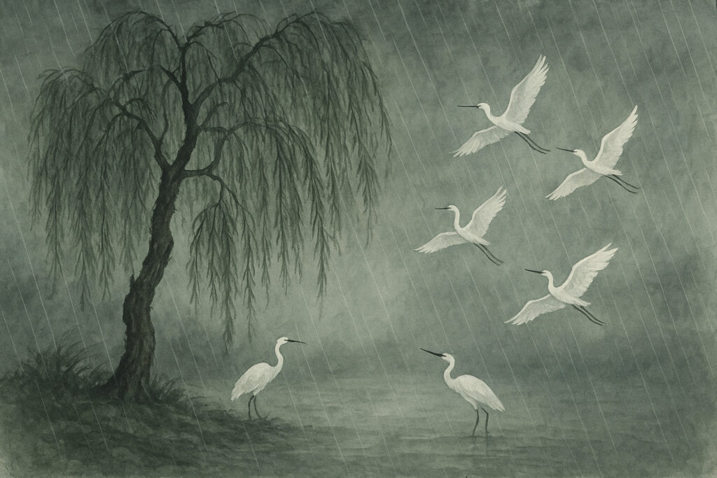 洒水文（Shasui-mon）の静寂を柳と鷺で表現。読経と現代読みによる解説。s2rz.com