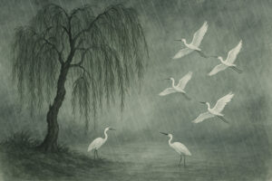 洒水文（Shasui-mon）の静寂を柳と鷺で表現。読経と現代読みによる解説。s2rz.com