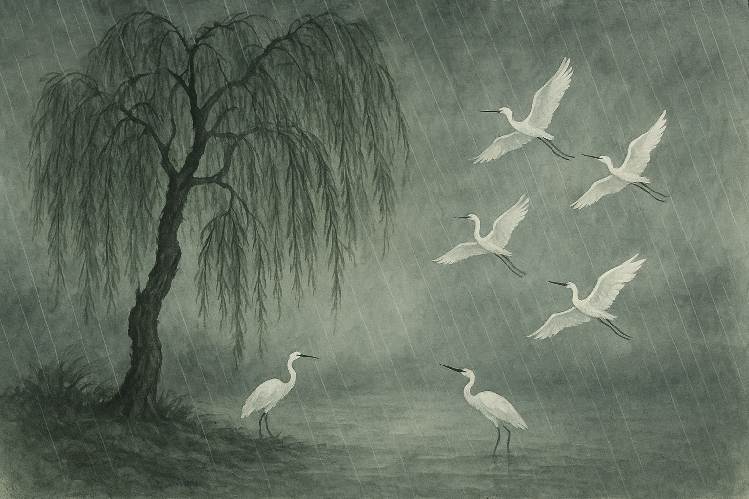 洒水文(Shasui-mon)の静寂を柳と鷺で表現。読経と現代読みによる解説。s2rz.com